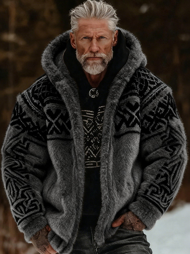 Men's Viking Celtic Art Plush Cozy Warm Zipped Hooded Jacket