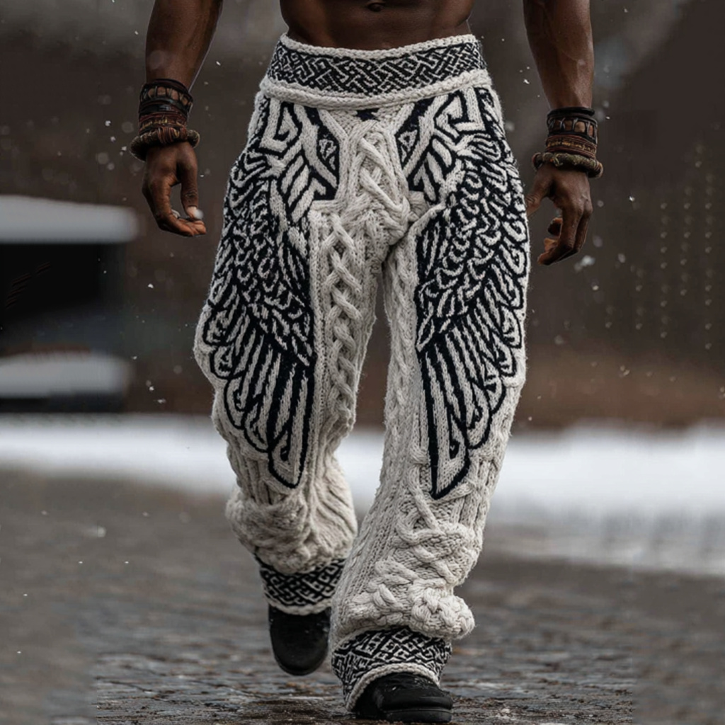 Men's Viking Celtic Knot With Wings Art Knitted Jacquard Thermal Pants