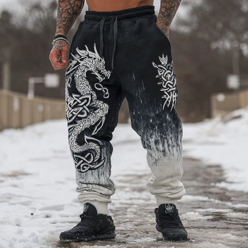 Men's Retro Viking Style Dragon Celtic Knot Art Color Block Casual Pants