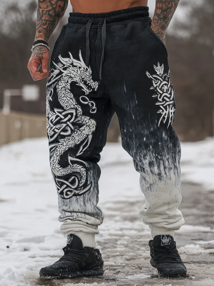 Men's Retro Viking Style Dragon Celtic Knot Art Color Block Casual Pants