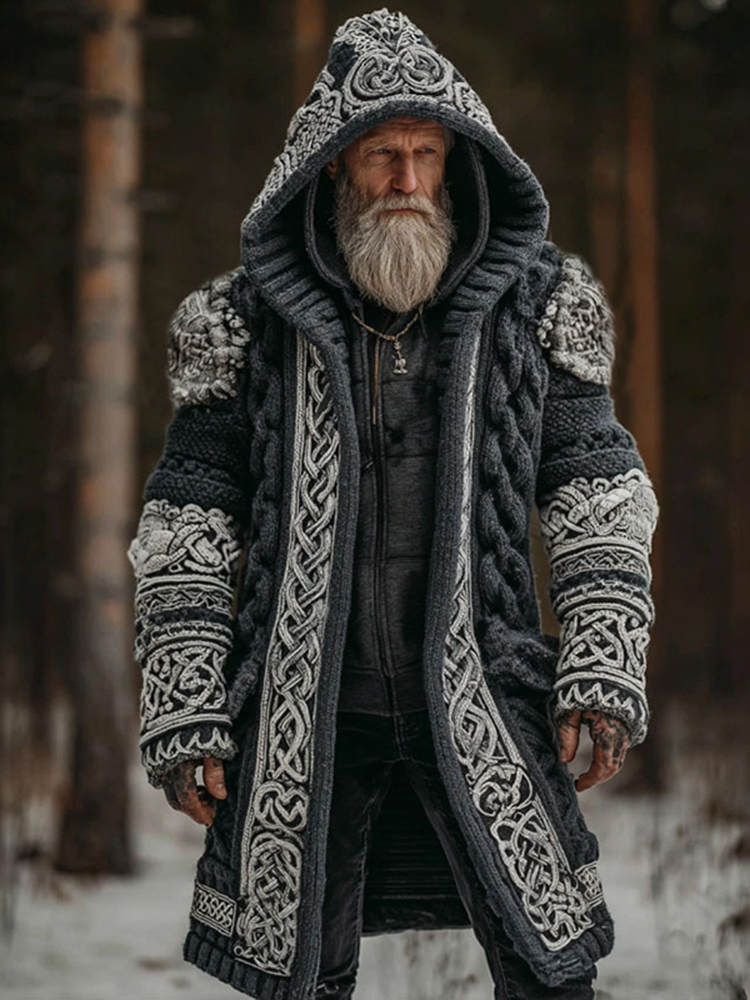 Men's Viking Celtic Knot Contrast Cozy Midi Cardigan Sweater