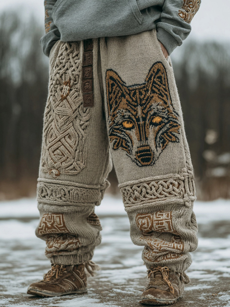 Men's Vintage Viking Wolf Art Cozy Knit Sweatpants