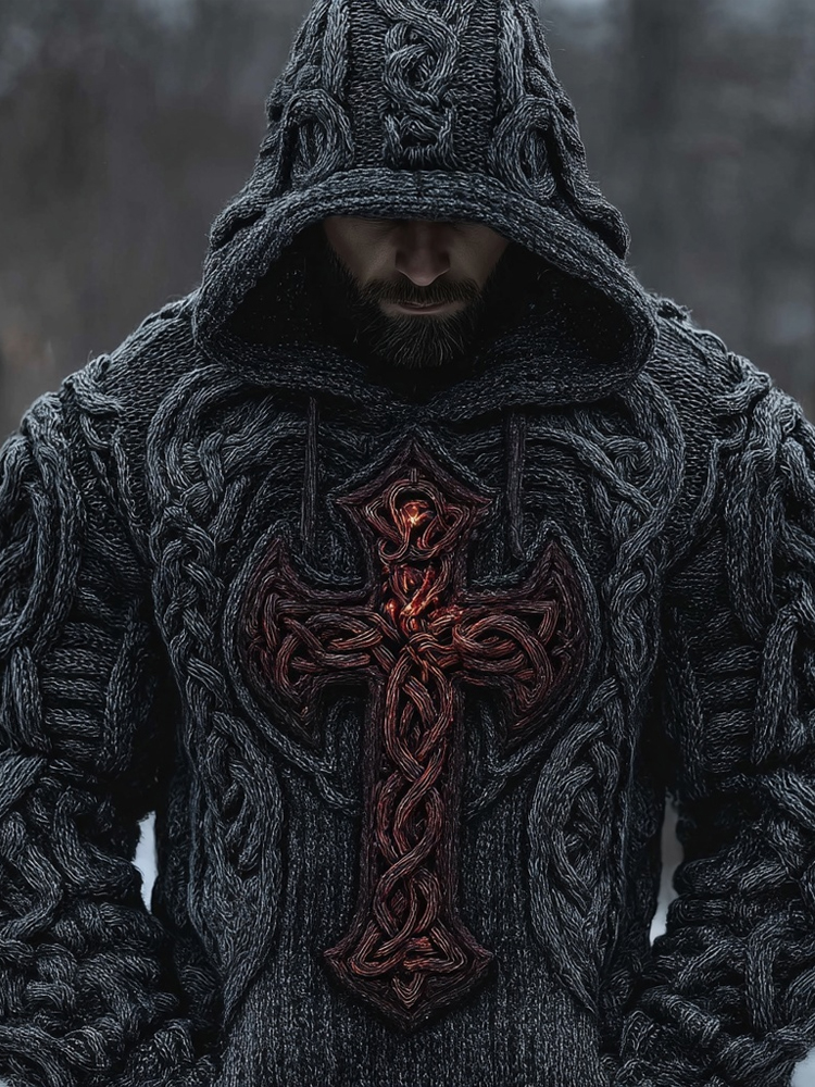 Men's Vintage Cross Celtic Jacquard Chunky Hooded Sweater