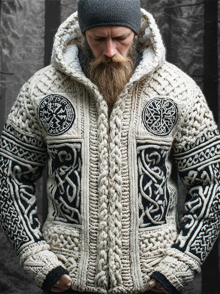 Viking Helm Of Awe Design Men's Chunky Knit Hooded Zip-up Cardigan