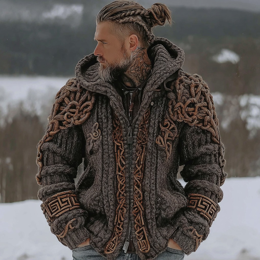 Men's Vintage Viking Celtic Knot Rune Chunky Knit Hooded Zip-up Sweater