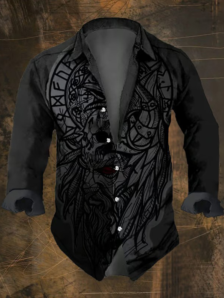 Men's Vintage Viking Print Long Sleeve Shirt