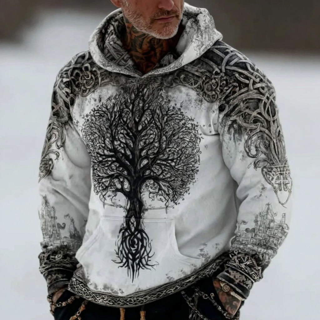 Men's Retro Viking Tree Of Life Pattern Casual Hooded Sweatshirt