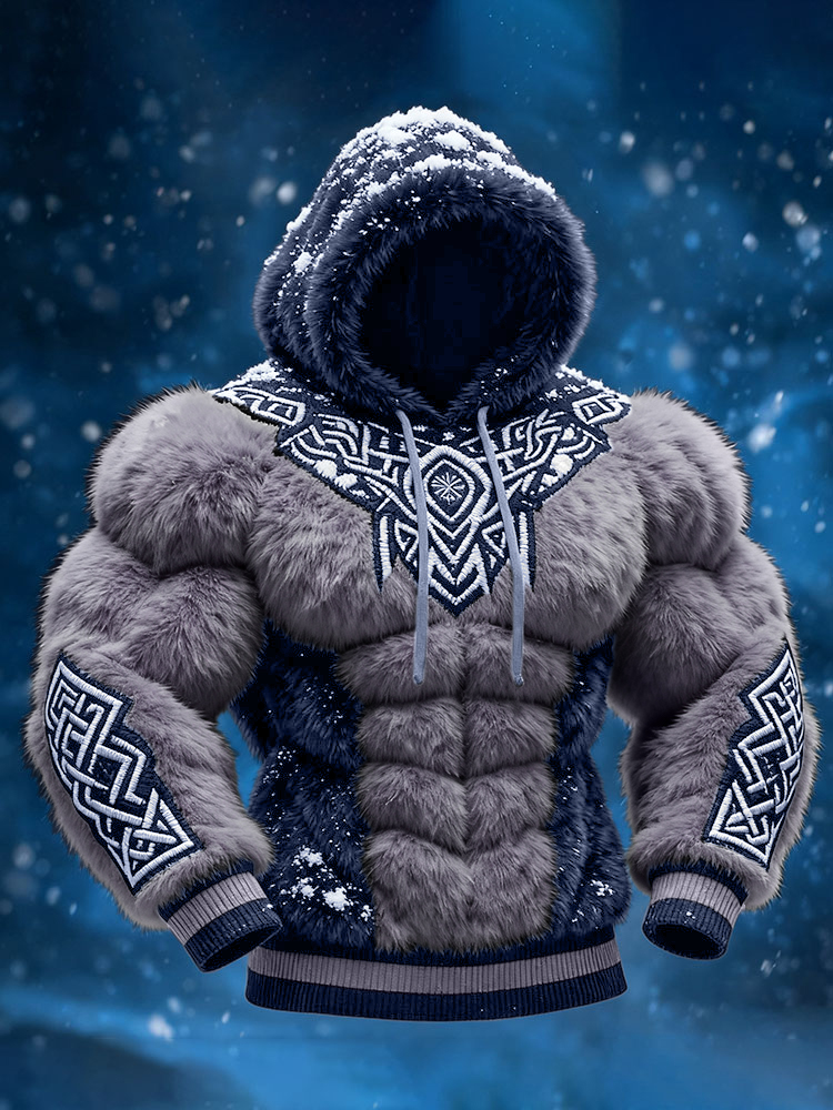 Men's Viking Tribal Jacquard Celtic Inspired Muscle Line Art Plush Warm Hoodie