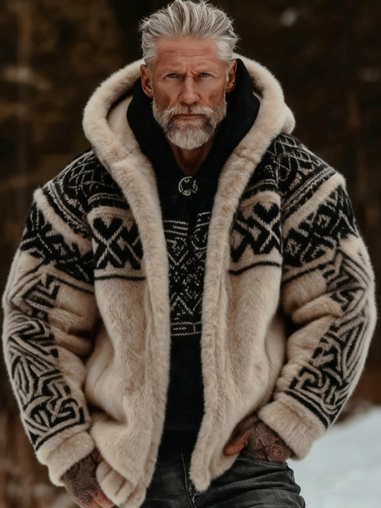 Men's Viking Celtic Art Plush Cozy Warm Zipped Hooded Jacket