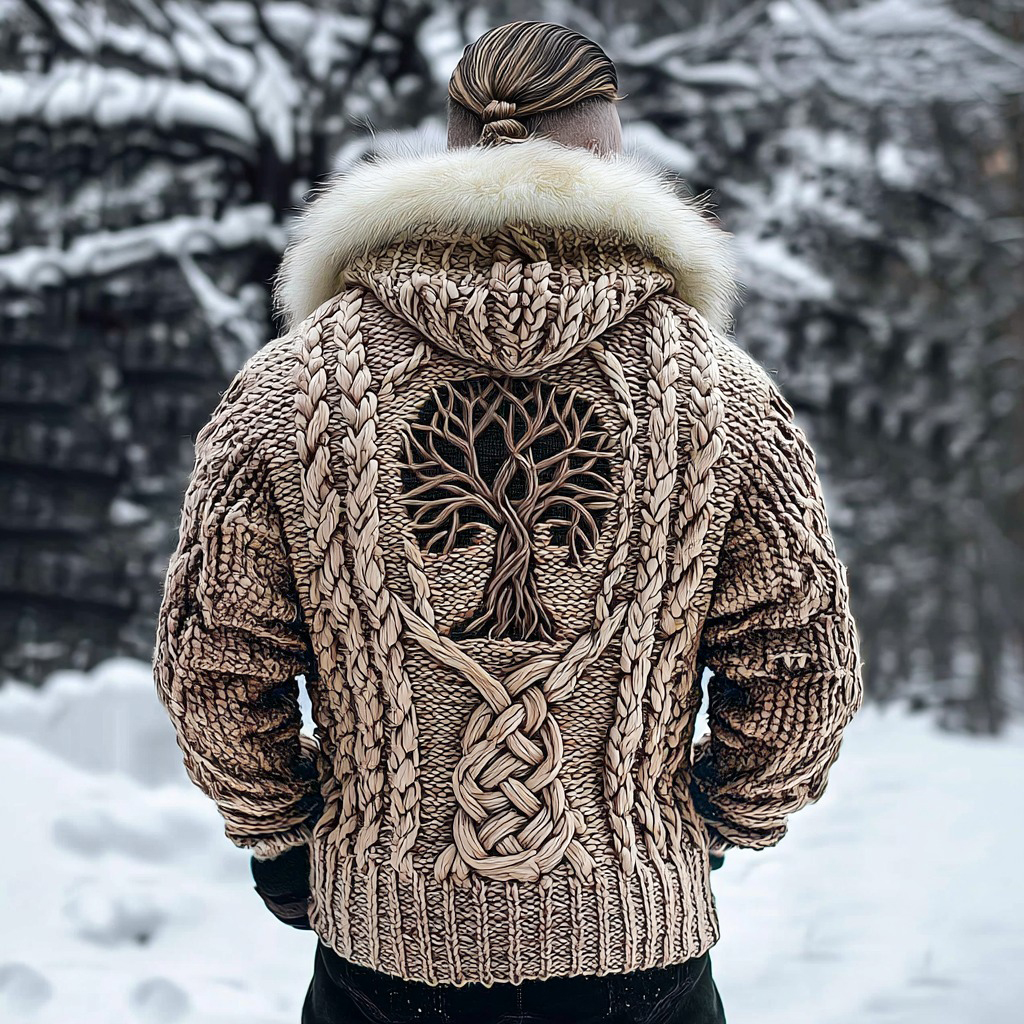 Men's Viking Tribal Tree Of Life Celtic Chunky Knit Fuzzy Hooded Zipper Cardigan