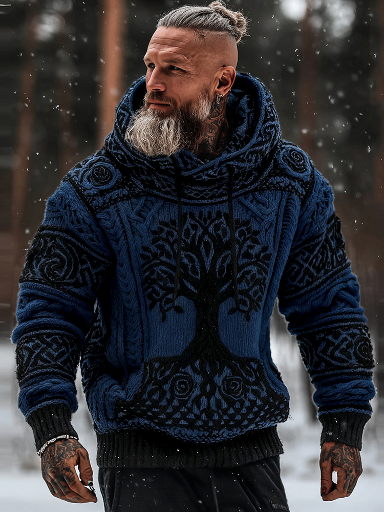 Men's Viking Tribal Jacquard Celtic With Rose And Tree Of Life Inspired Chunky Knit Hooded Sweater