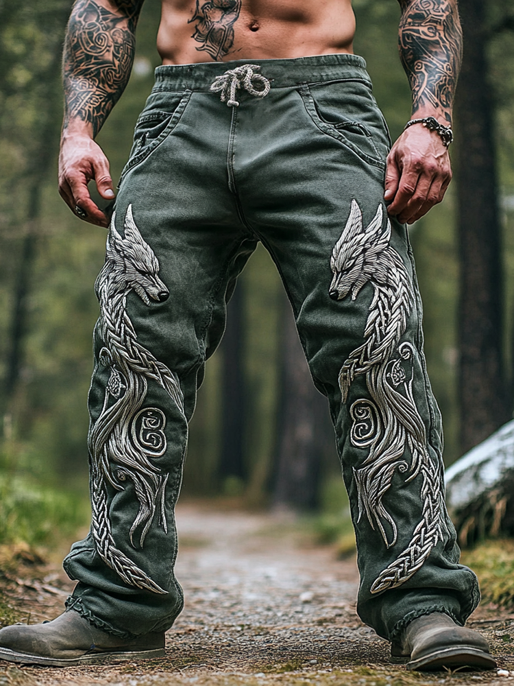 Mens Vintage Viking Wolf Celtic Knot Art Linen Lounge Pants