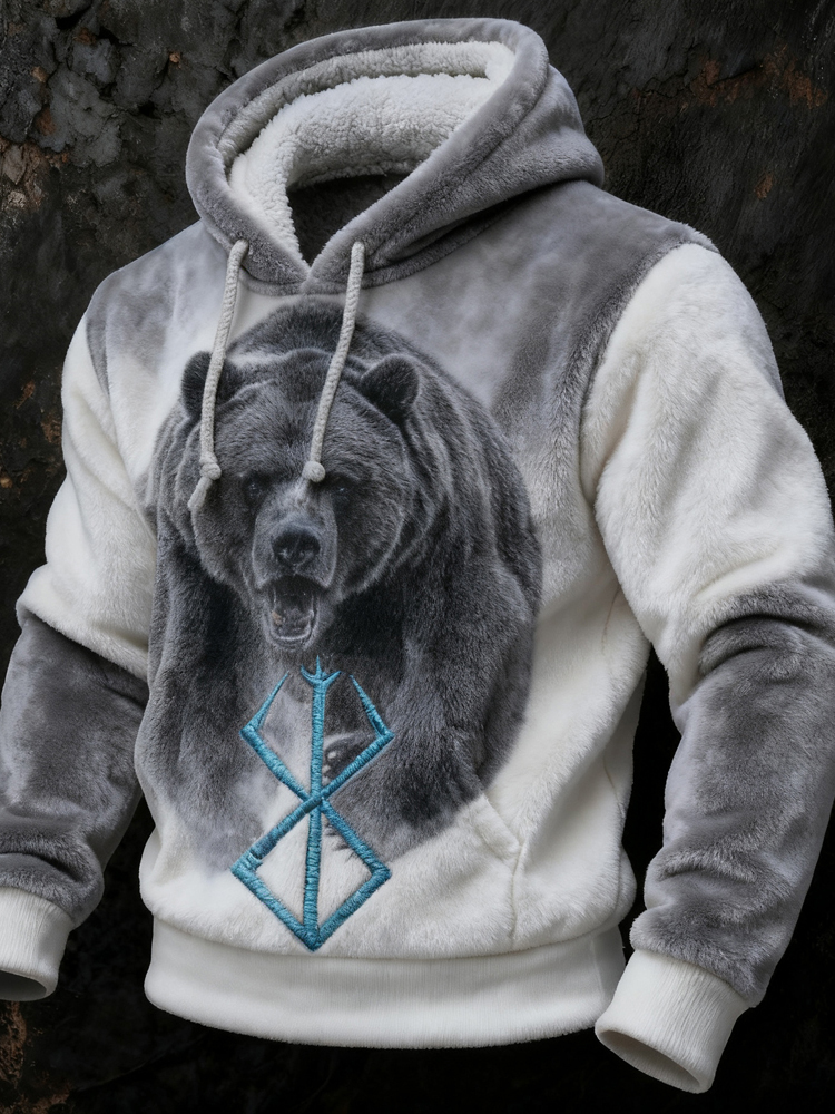Men's Viking Rune Embroidered Bear Pattern Plush Hoodie