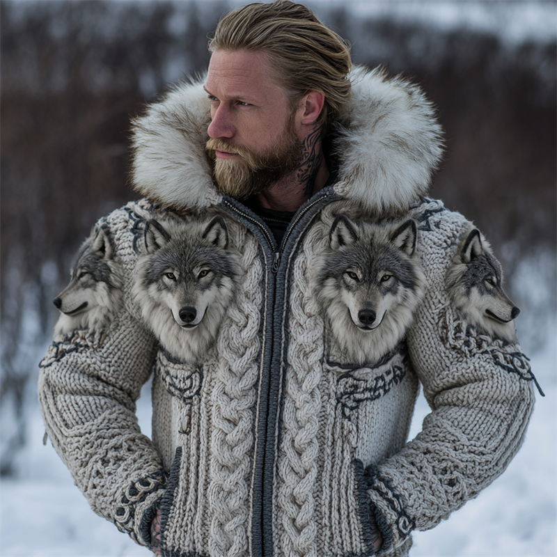 Men's Fuzzy Wolves Viking Celtic Cozy Fur Trim Hooded Cardigan