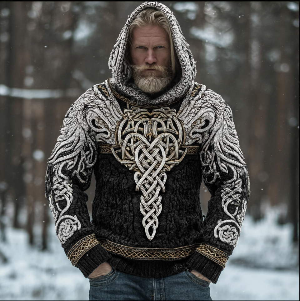 Men's Hooded Thick Sweater With Viking Style Tribal Totem And Wolf Totem Patterns