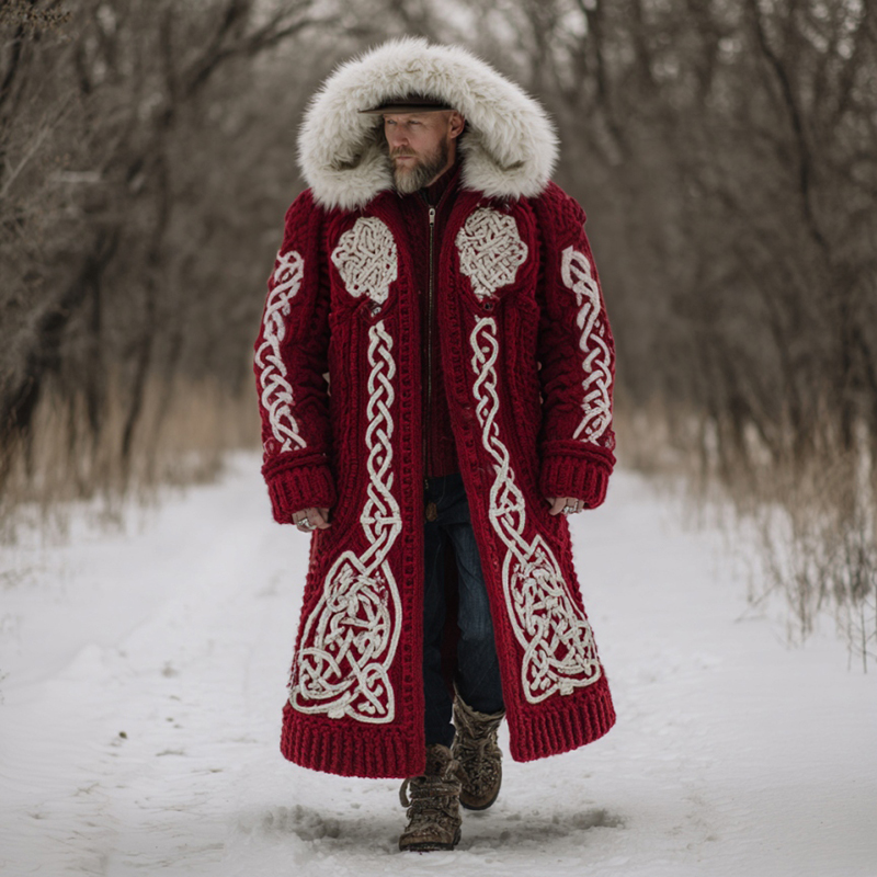 Men's Christmas Santa Celtic Art Mid-length Chunky Knit Cardigan Sweater