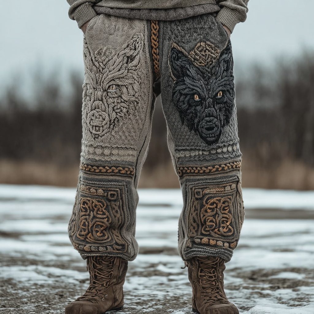 Men's Vintage Celtic Wolf Viking Cozy Knit Sweatpants