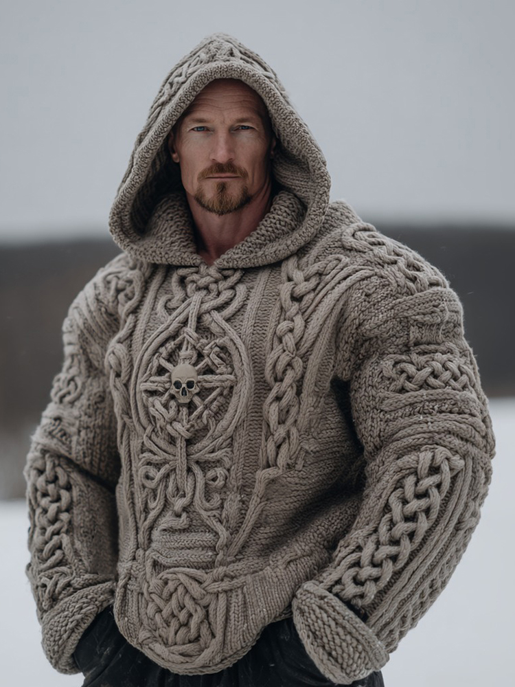Viking Skull Celtic Knot Knit Cozy Hooded Sweater
