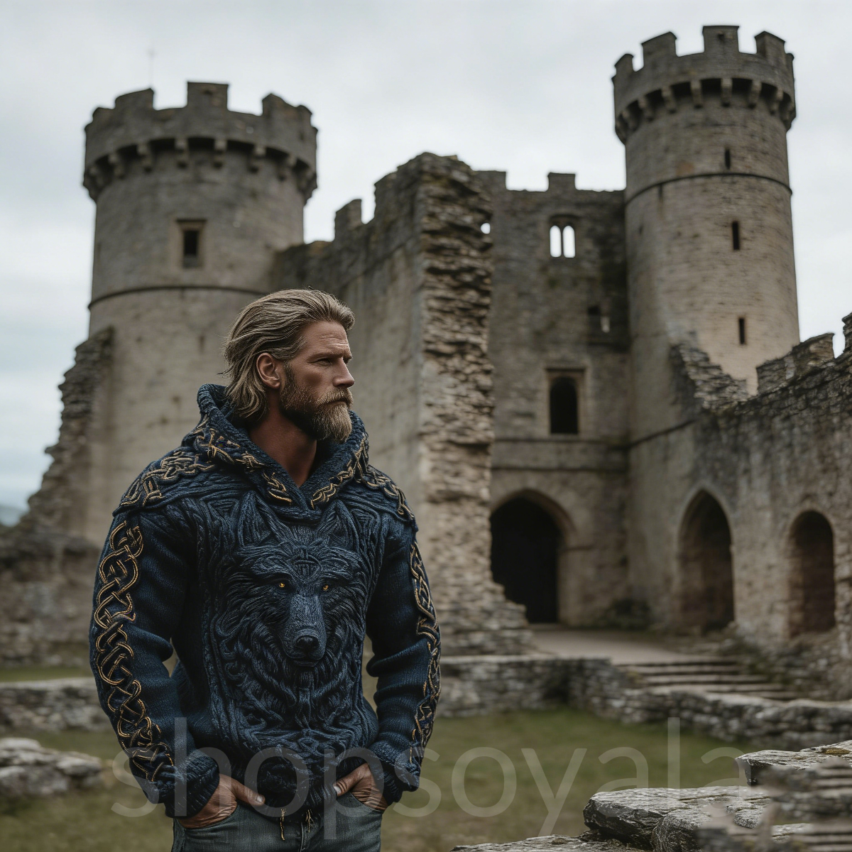 Men's Viking Wolf Celtic Knot Jacquard Knitted Hooded Sweater