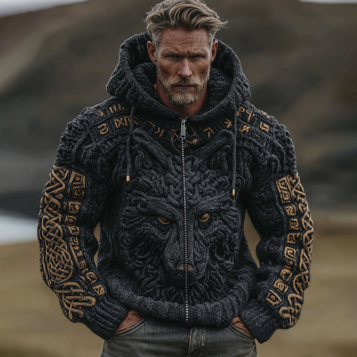 Men's Vintage Viking Wolf Celtic Jacquard Knit Zipper Aran Sweater Hooded Cardigan