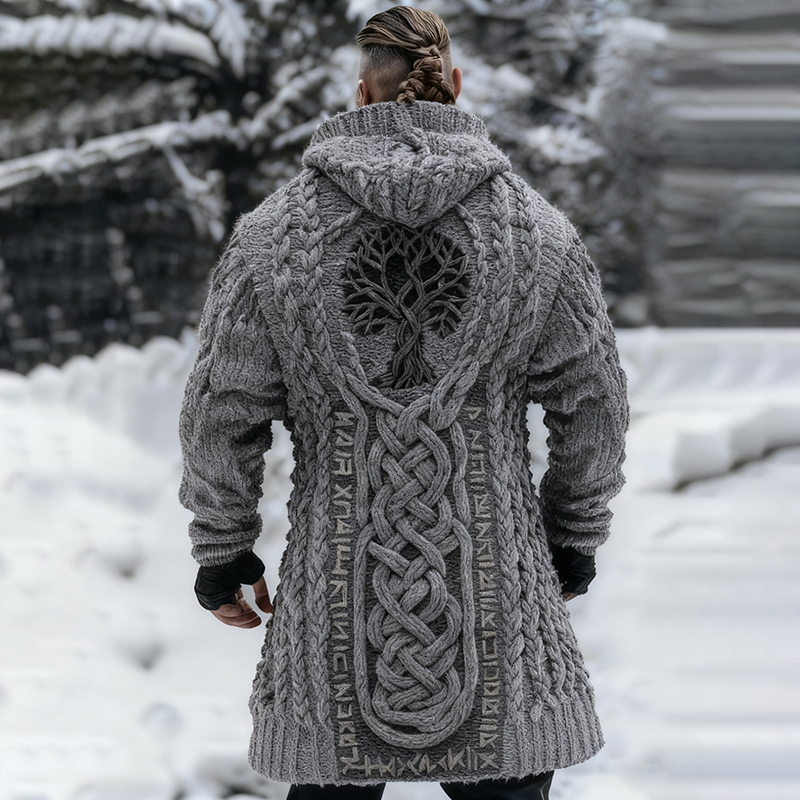 Men's Viking Tribal Jacquard Celtic With Tree Of Life Inspired Chunky Knit Zipped Hooded Sweater