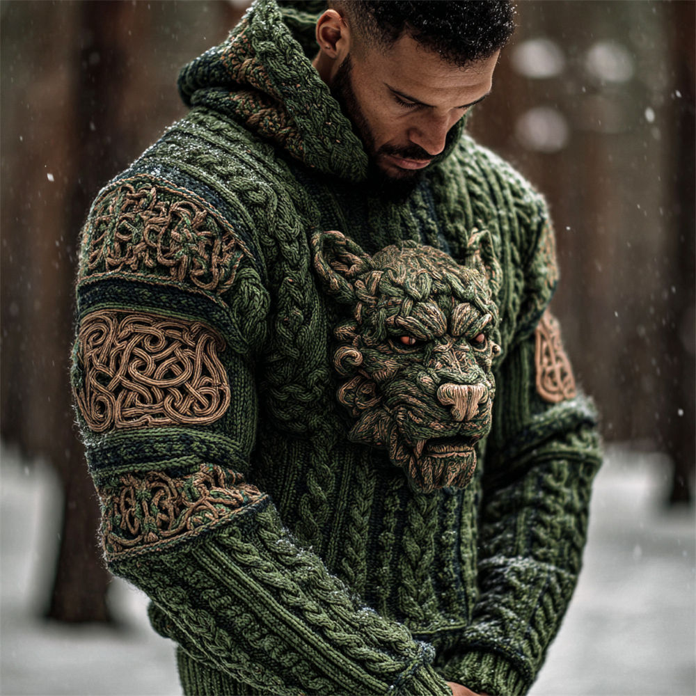 Viking Monster & Celtic Knot Men's Hooded Knit Sweater