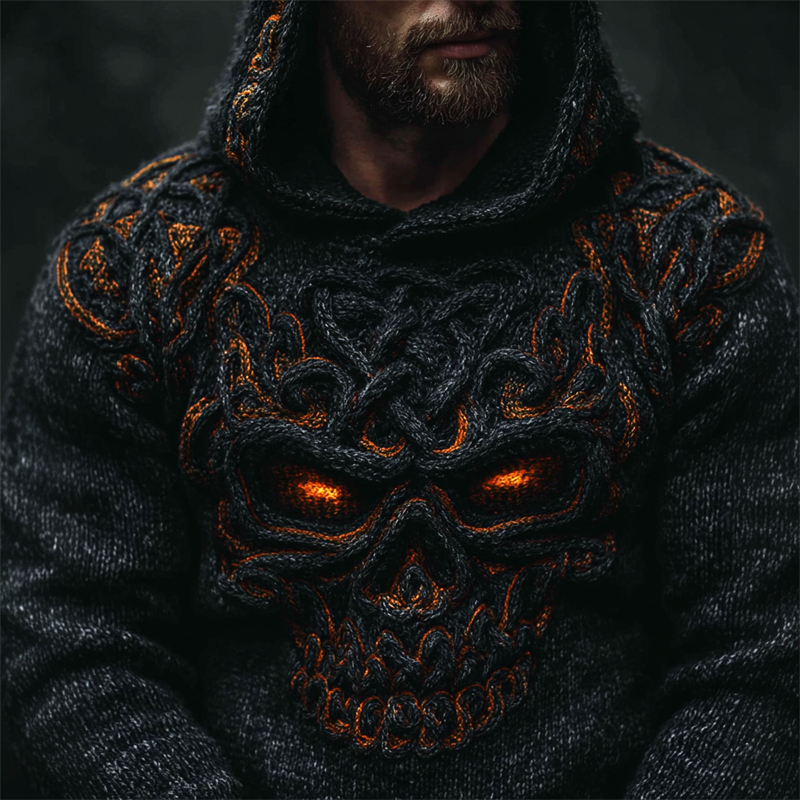 Men's Halloween Skull Celtic Knot Chunky Cozy Knit Hooded Sweater