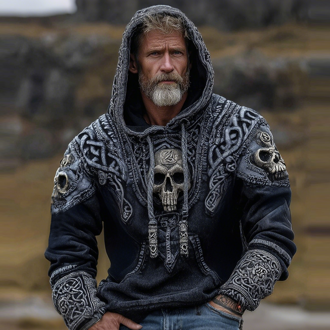 Viking Skull And Celtic Knot Inspired Tribal Distressed Washed Hoodie