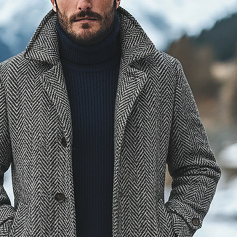 Men's Herringbone Blend Lapel Mid-length Coat MTA0605K1X