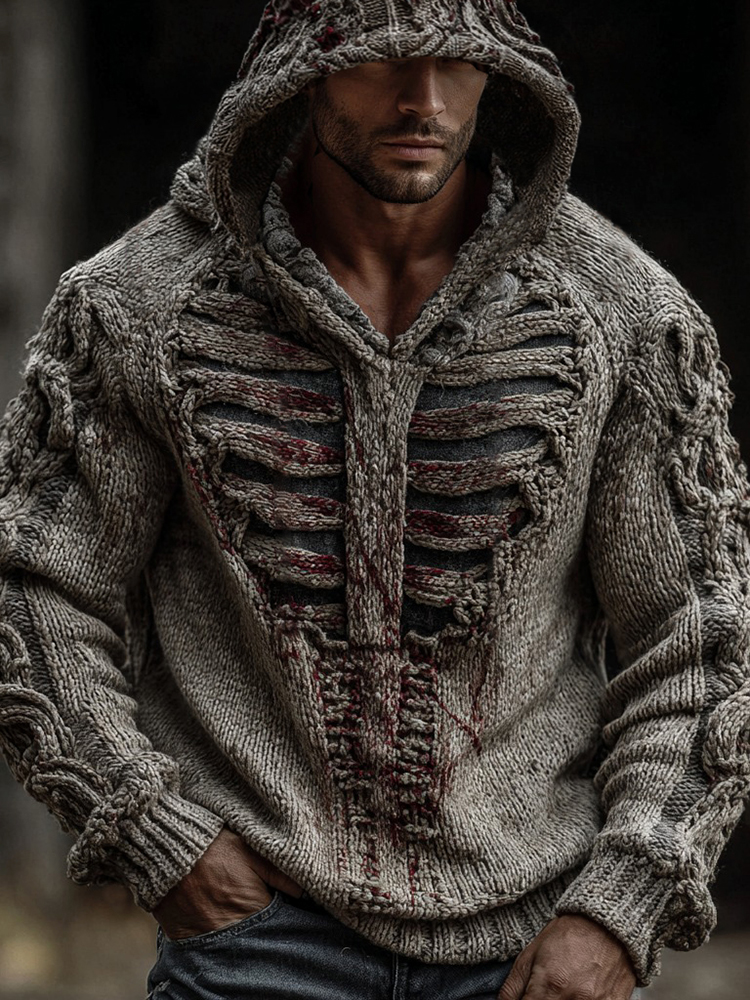 Halloween Skeleton Mummy Inspired Jacquard Knitted Hooded Sweater