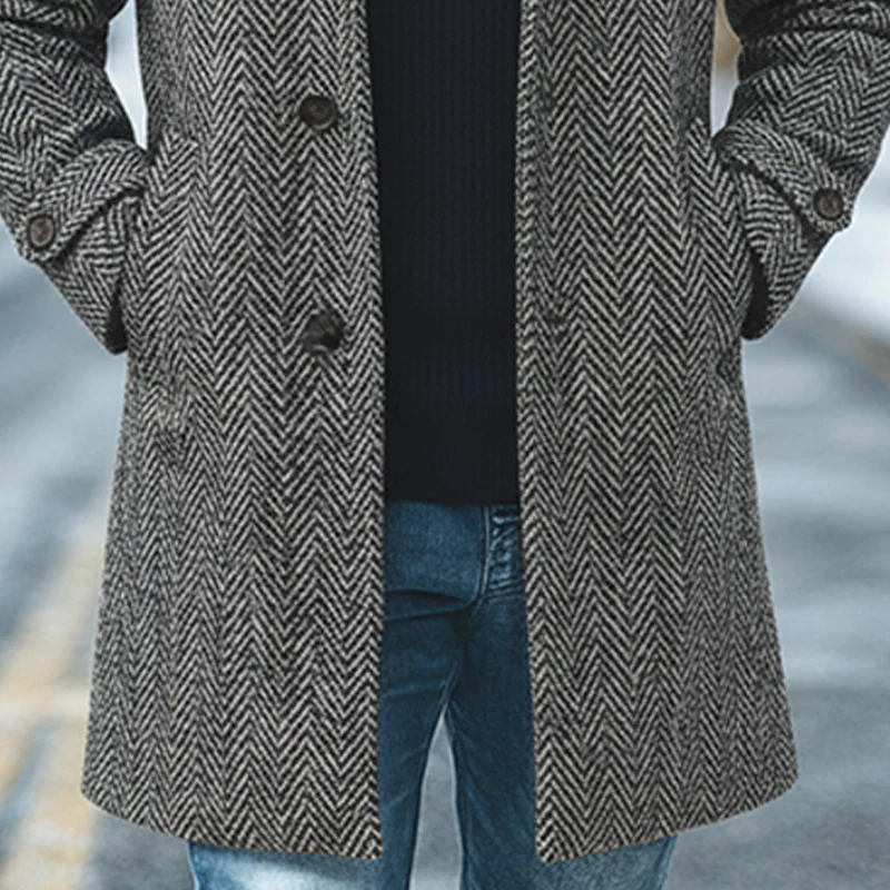 Men's Herringbone Blend Lapel Mid-length Coat MTA0605K1X