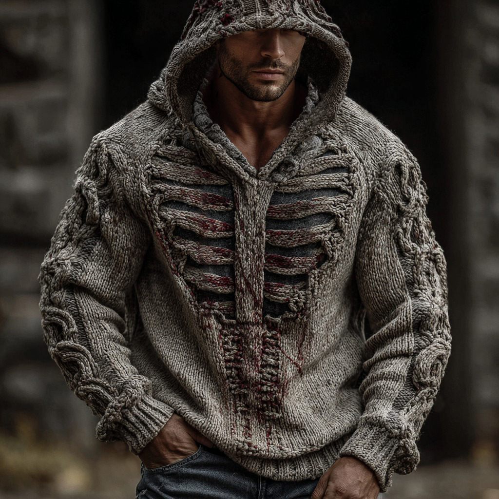 Halloween Skeleton Mummy Inspired Jacquard Knitted Hooded Sweater