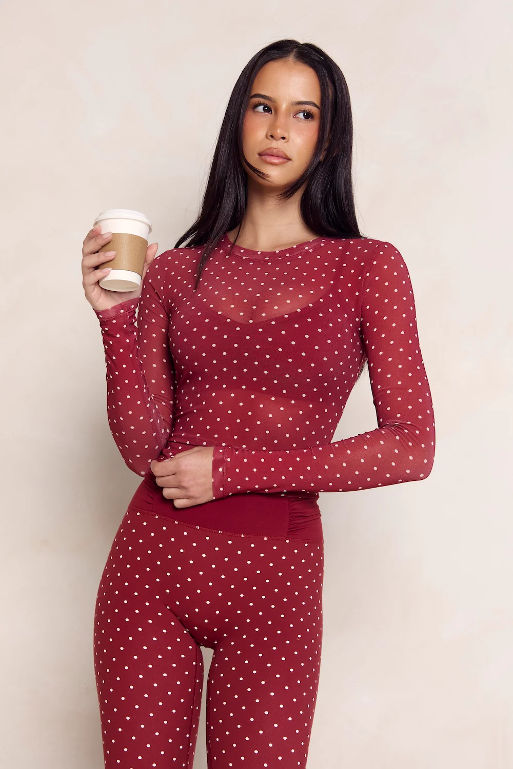 Astoria Mesh Long Sleeve Top - Merlot Polka
