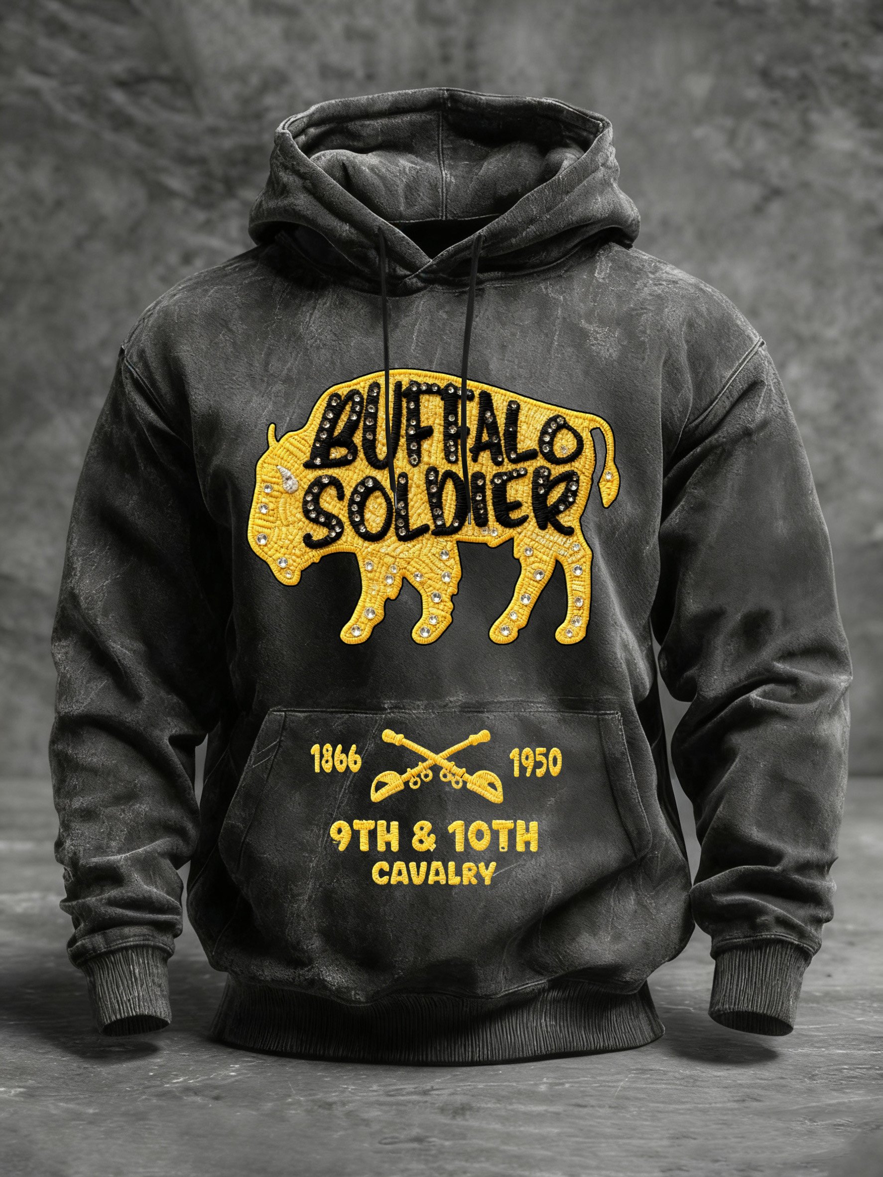 Men's Western Retro Buffalo Cavalry Print Crew Neck Hooded Sweatshirt