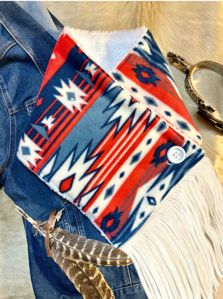 Women's Western Fringed Shawl -Blue/Red Aztec Pattern