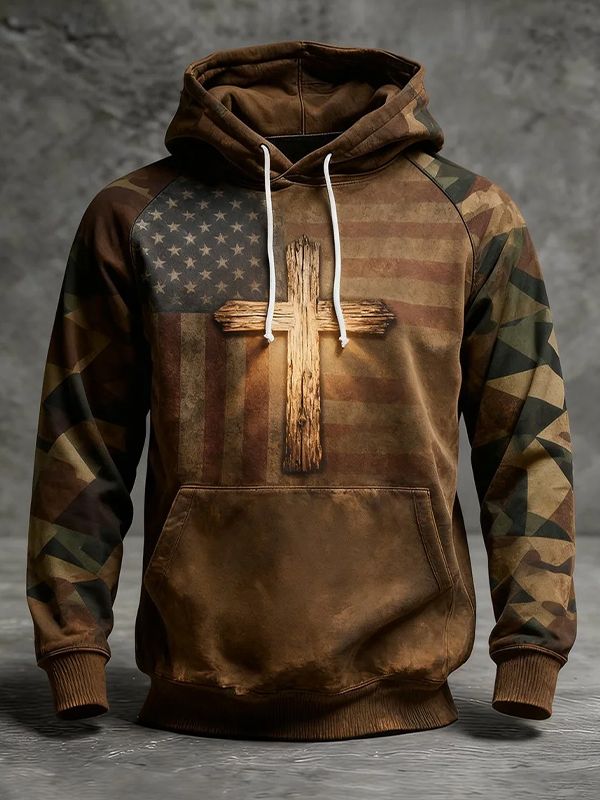 Men's The American Flag And The Cross Of Faith Print Casual Hoodie