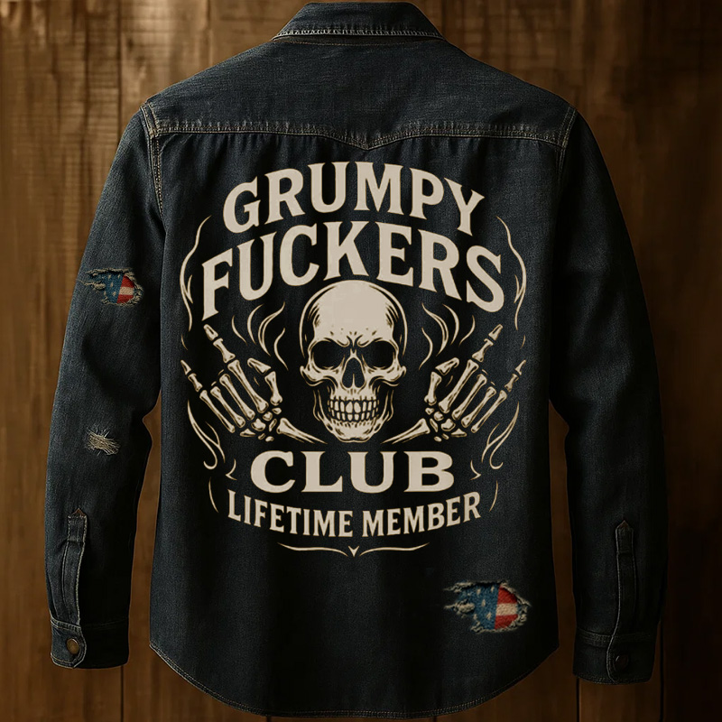 Men's Retro Funny Old Man Club Print Casual Long Sleeve Shirt