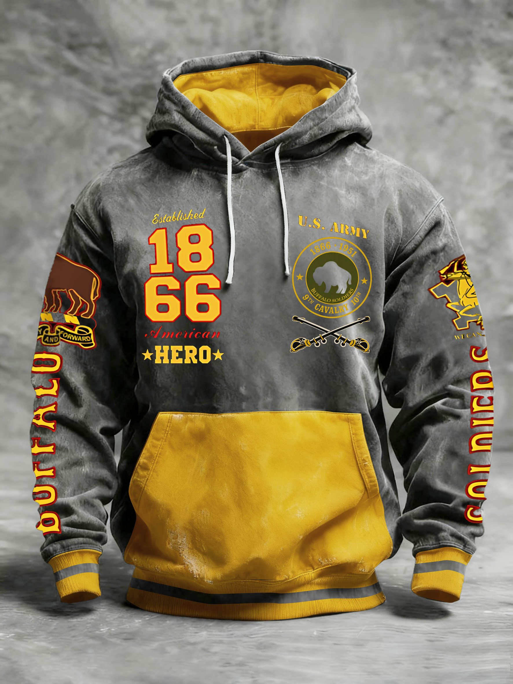 Men's Western Retro Buffalo Cavalry Print Crew Neck Hooded Sweatshirt