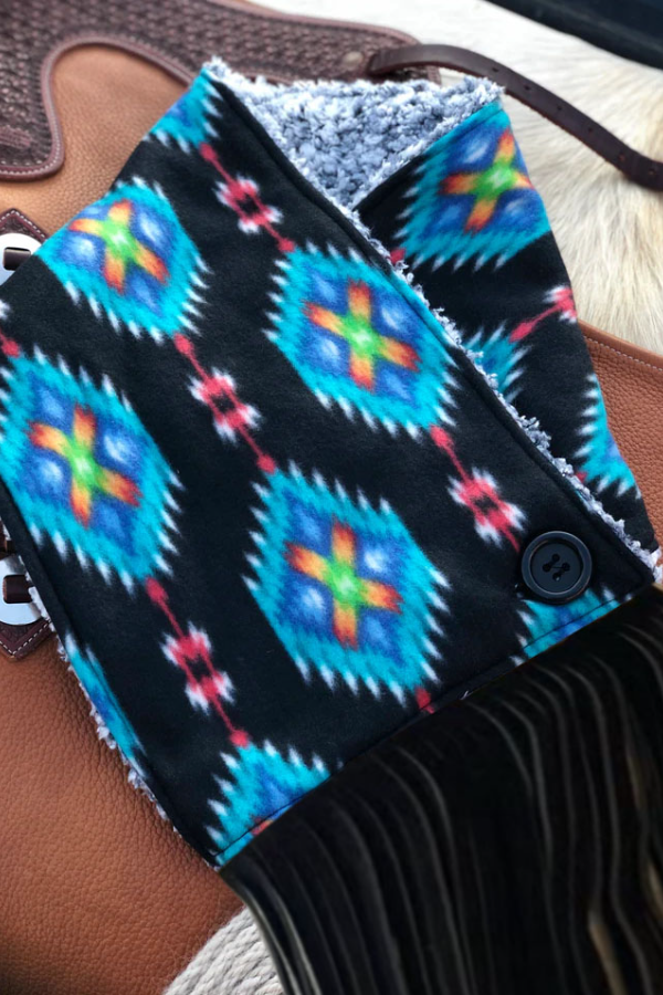 Women's Western Fringed Shawl -Blue Aztec Pattern
