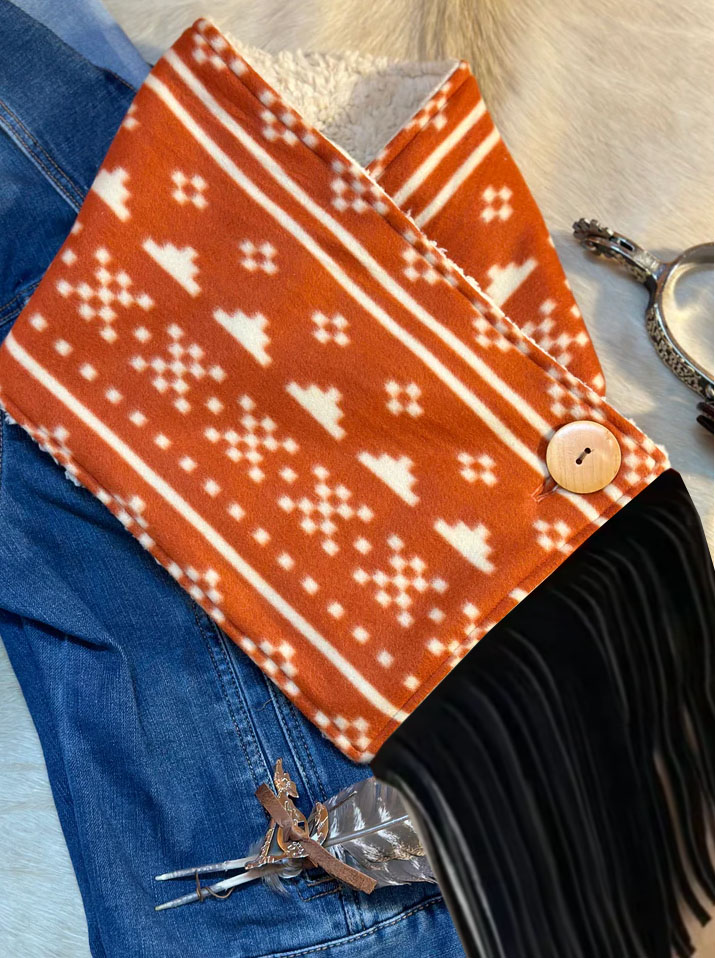 Women's Western Fringed Shawl -Orange Aztec Pattern