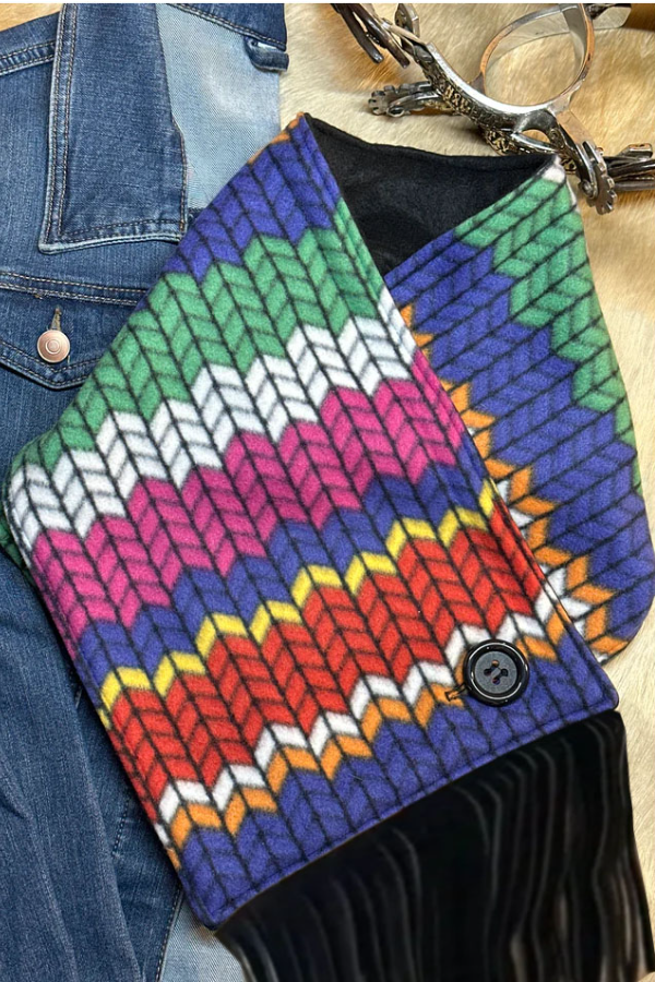 Women's Western Fringed Shawl -Blue/Red Aztec Pattern