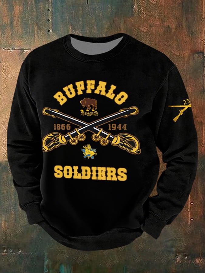 Men's Autumn and Winter Buffalo Soldier Black History Print Casual Crew Neck Sweatshirt