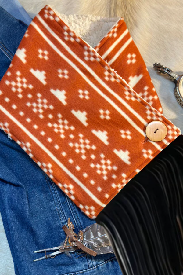 Women's Western Fringed Shawl -Orange Aztec Pattern
