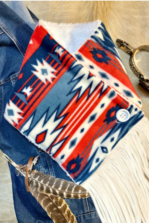 Women's Western Fringed Shawl -Blue/Red Aztec Pattern