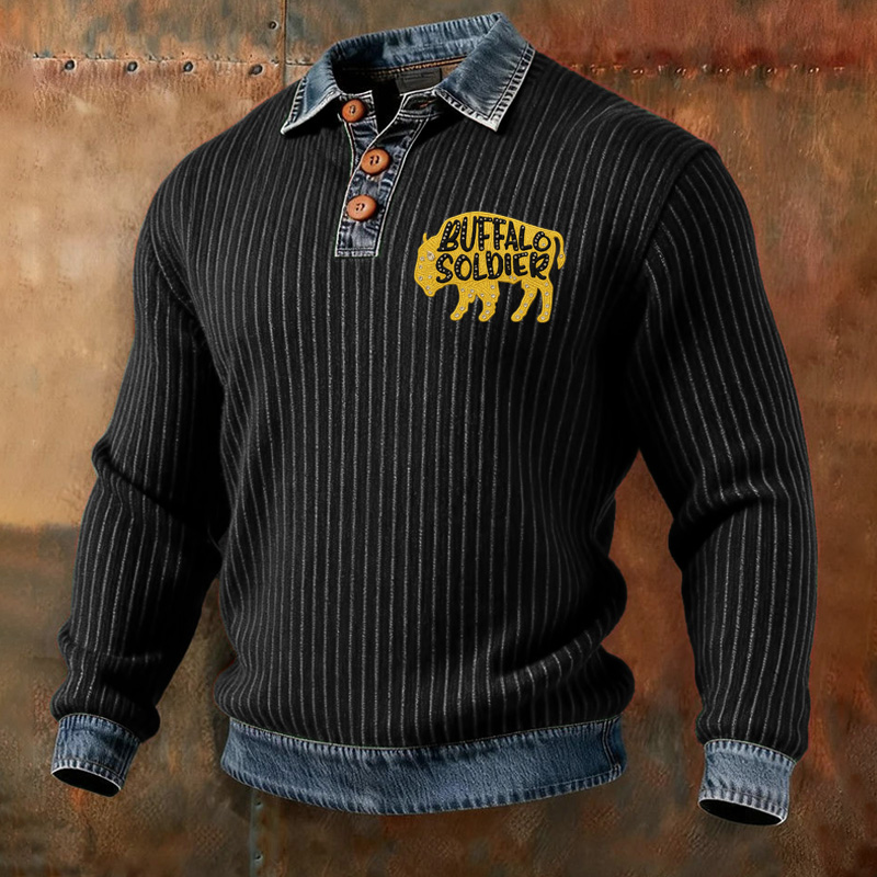 Men's Western Retro Buffalo Cavalry Print Casual Sweatshirt