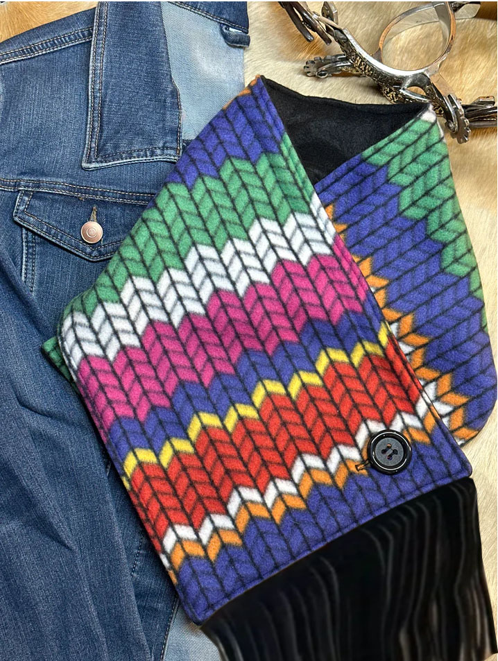 Women's Western Fringed Shawl -Blue/Red Aztec Pattern