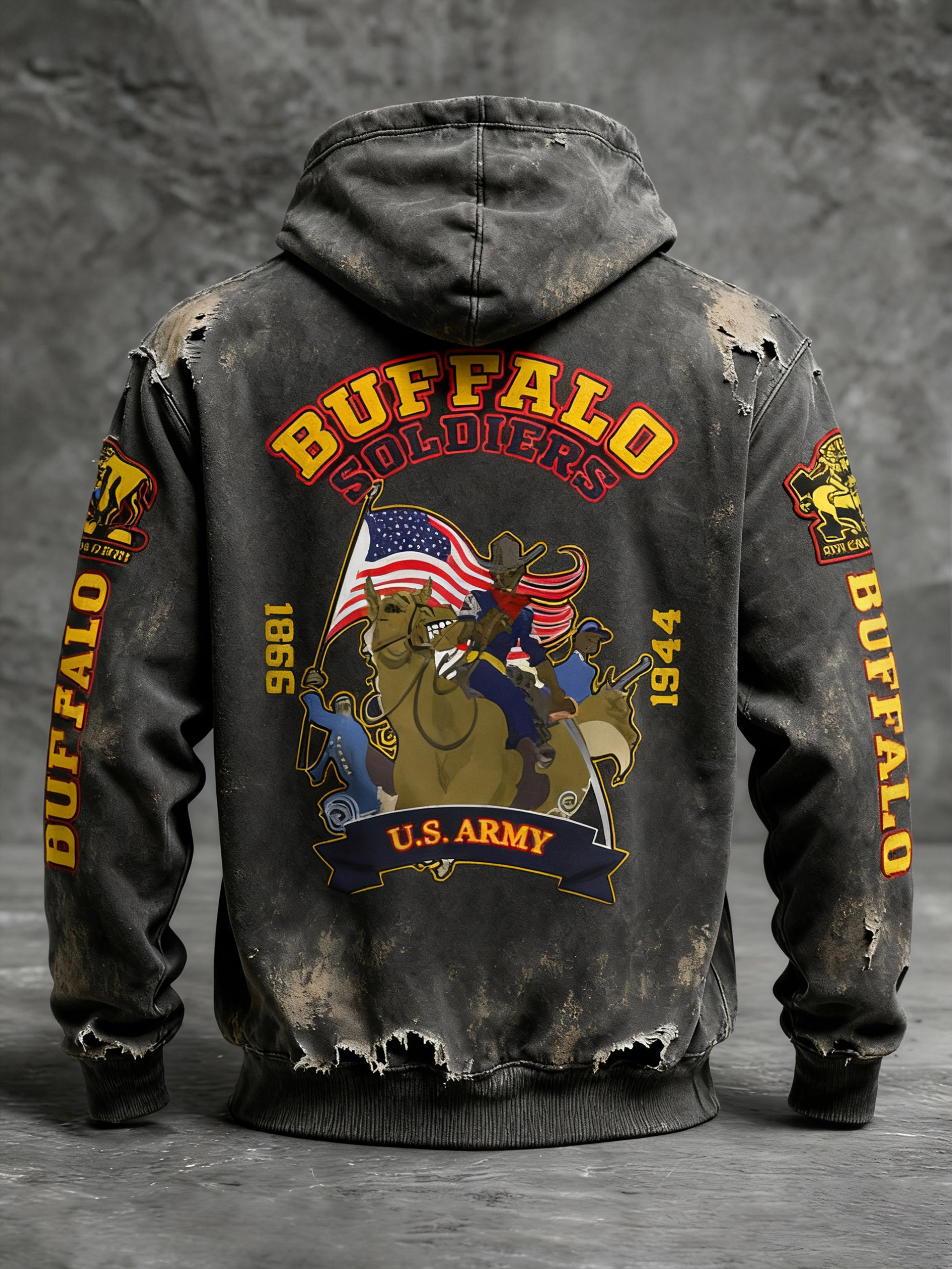 Men's Winter Retro Color Block Motorcycle Distressed Buffalo Soldier Print Hooded Top