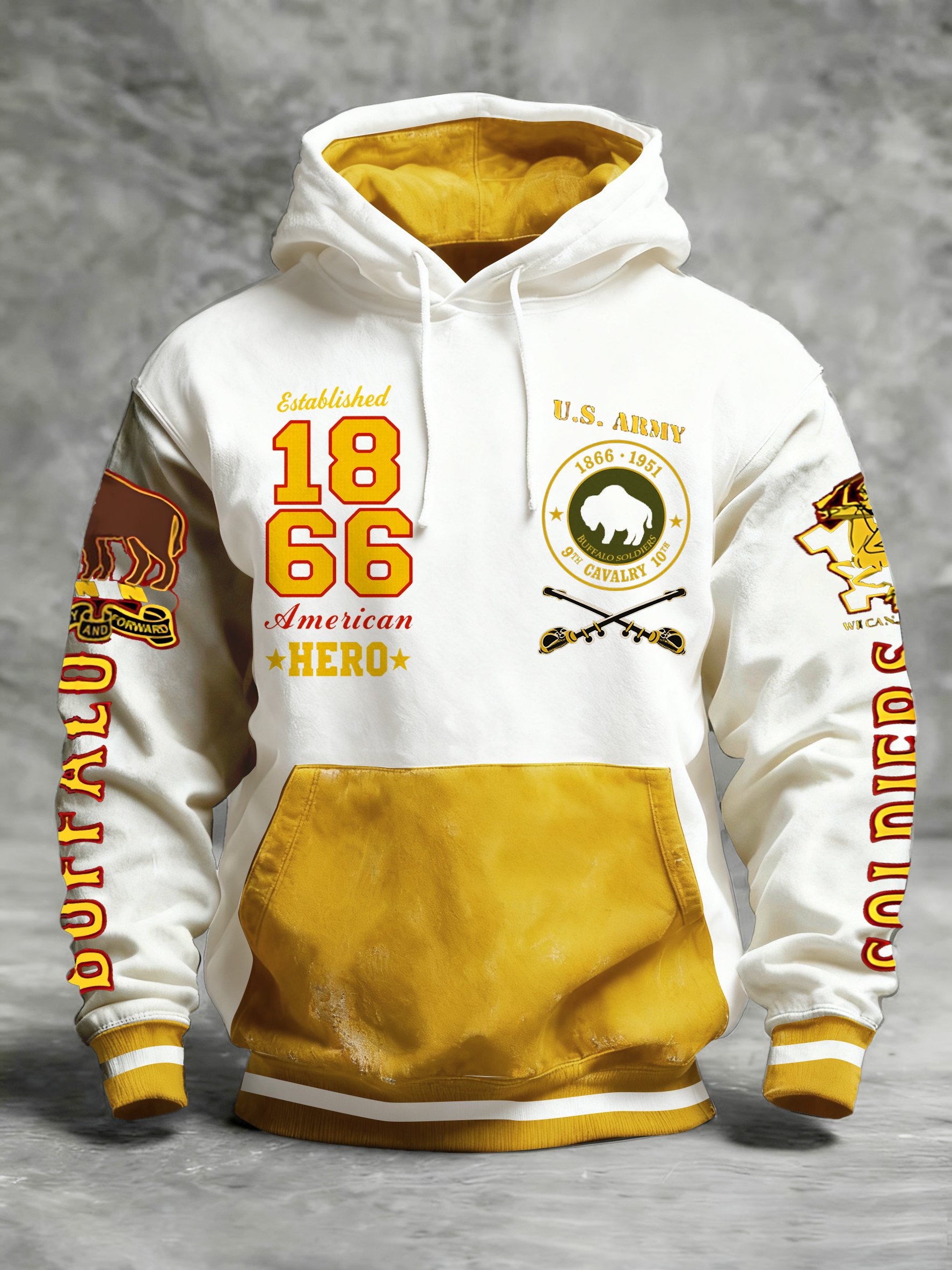 Men's Western Retro Buffalo Cavalry Print Crew Neck Hooded Sweatshirt