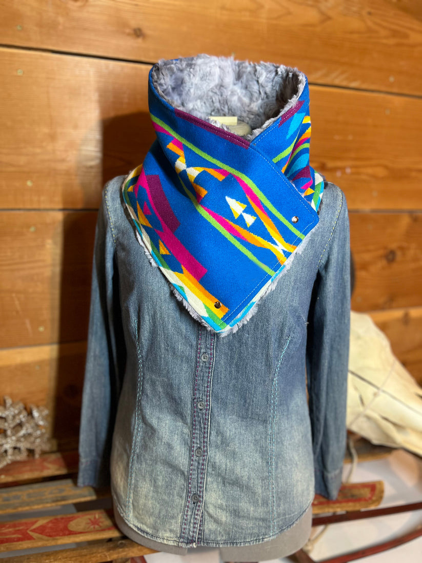 Western Blue Aztec Sherpa Warm Neck Hood