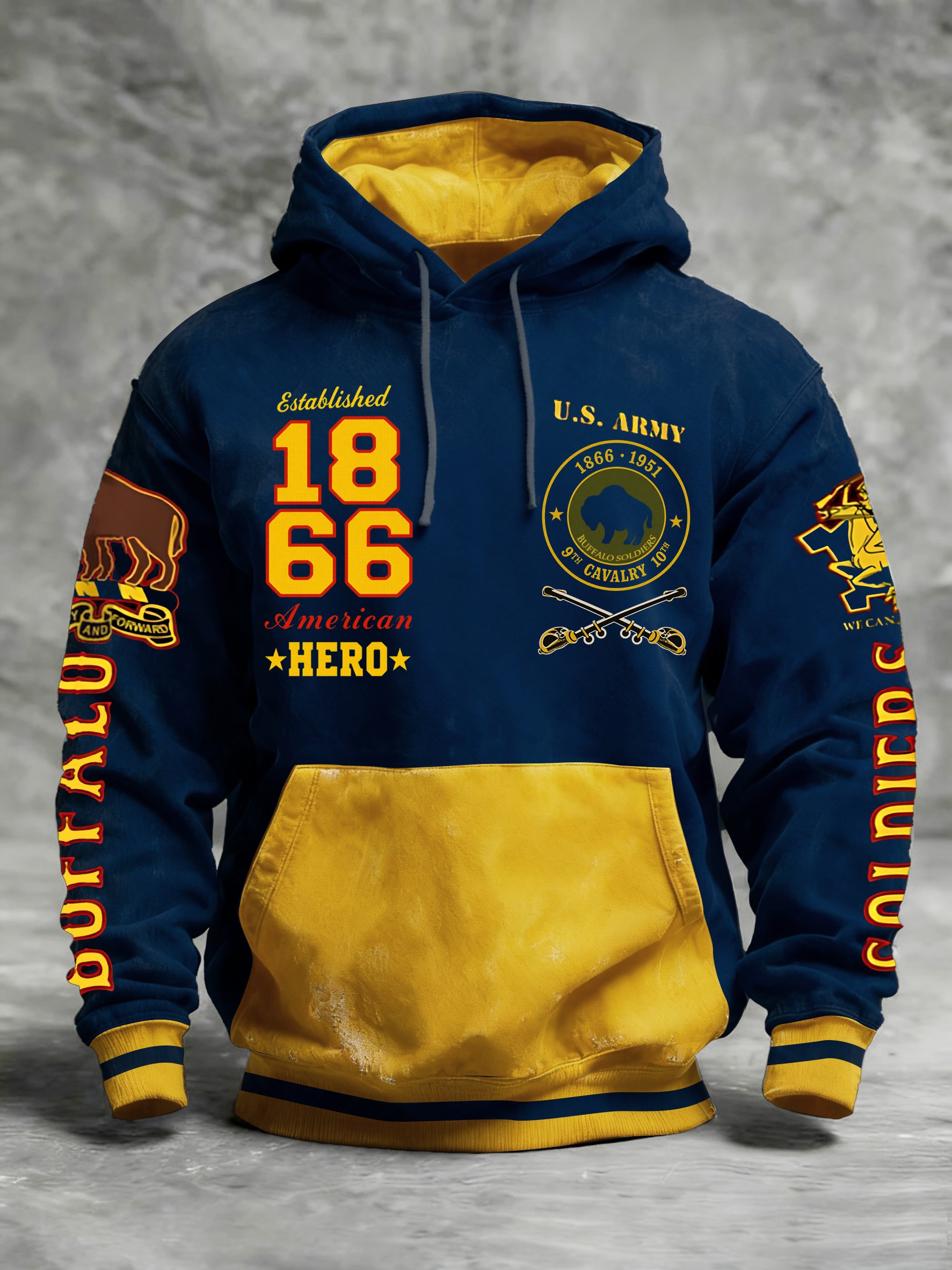 Men's Western Retro Buffalo Cavalry Print Crew Neck Hooded Sweatshirt